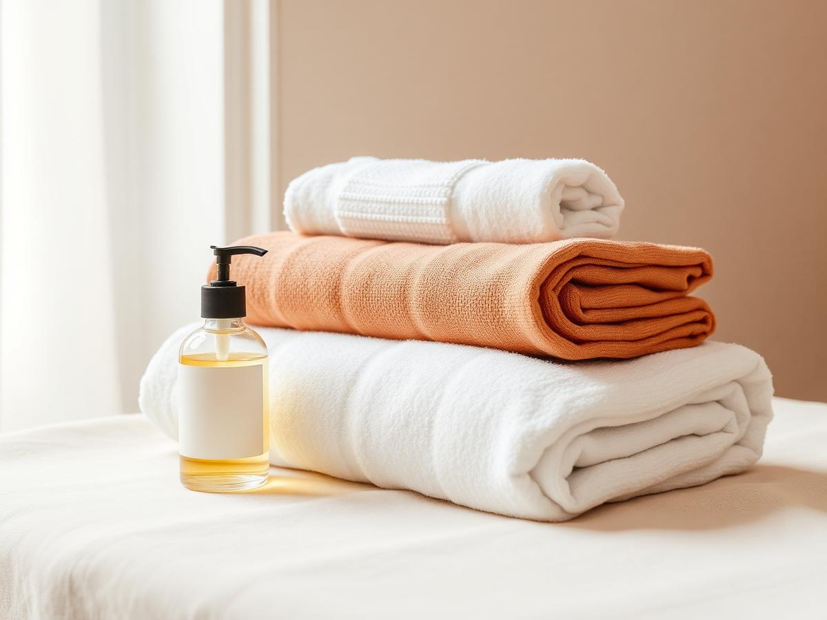 Folded towels and unscented massage oil prepared for a session