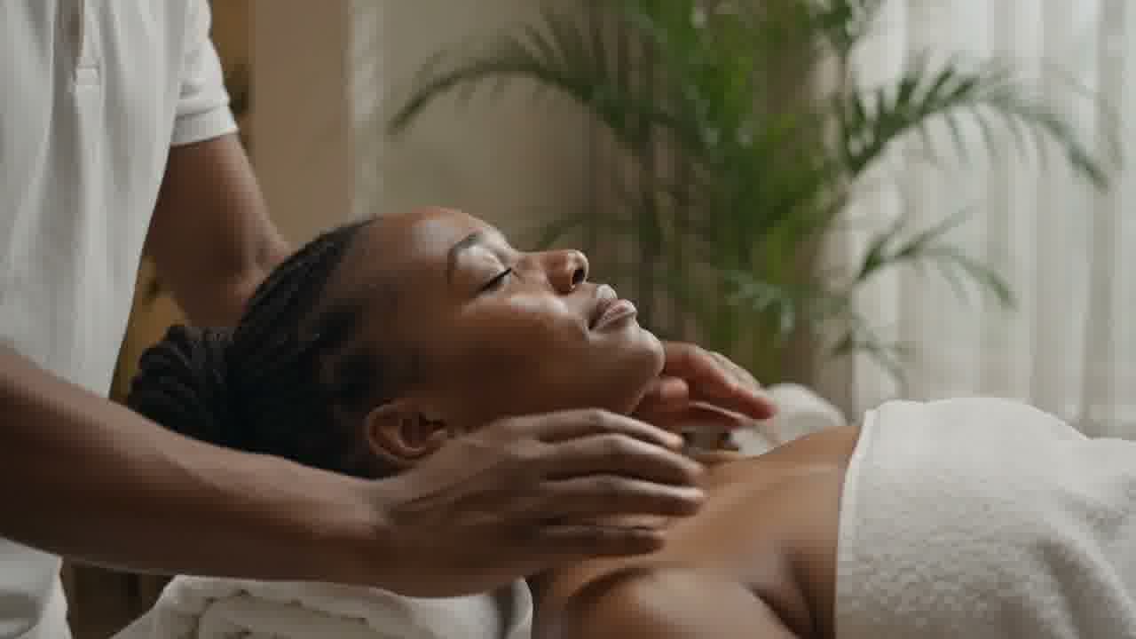 Practitioner working on a client's neck and shoulders during a home session