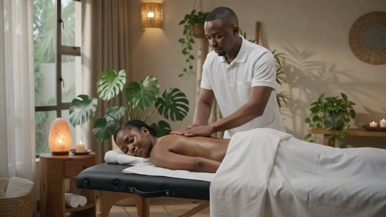 A professional male practitioner delivering a calm Swedish massage in a warm Nairobi room